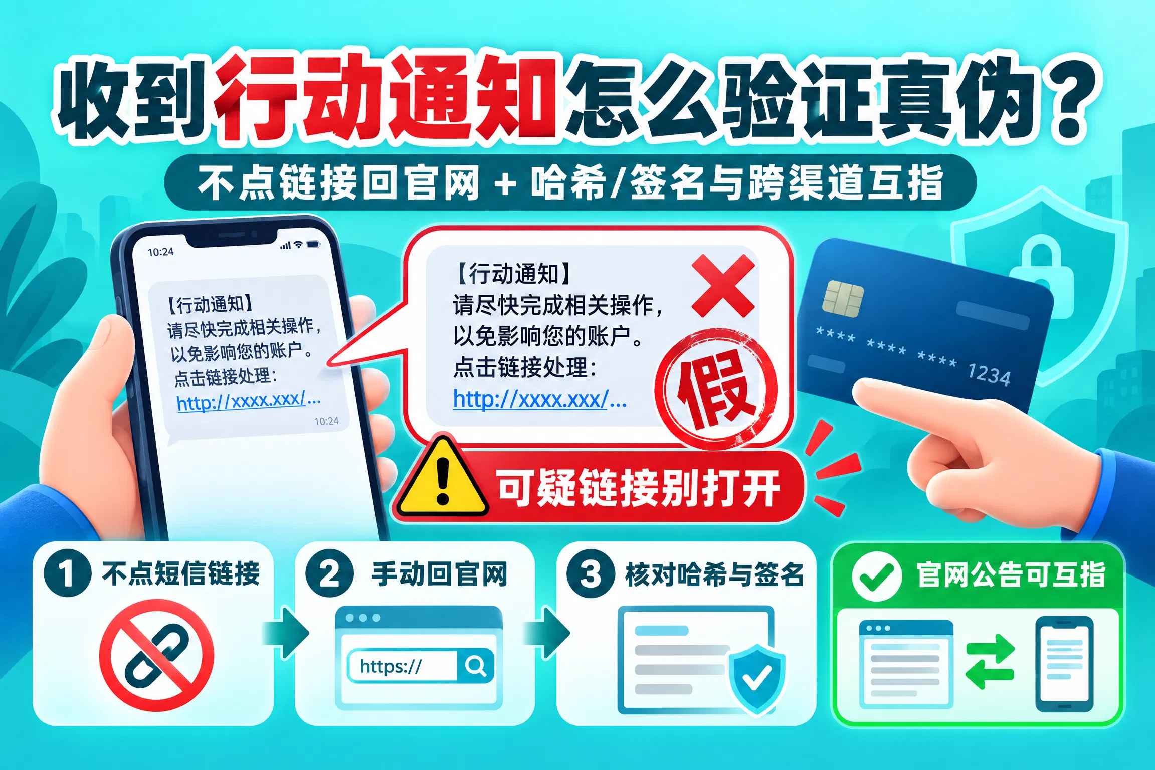收到行动通知怎么验证真伪？不点链接回官网 + 哈希/签名与跨渠道互指